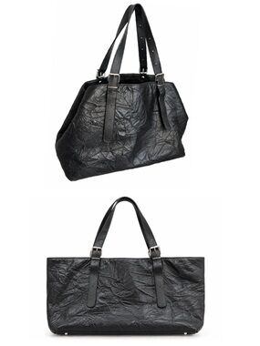 Jane August Large Black Crinkled Leather Shoulder Tote Bag Italy Large 16”x11”